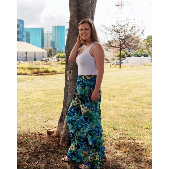 Blue Tropical Print Palazzo Pants - Picture 1 of 2